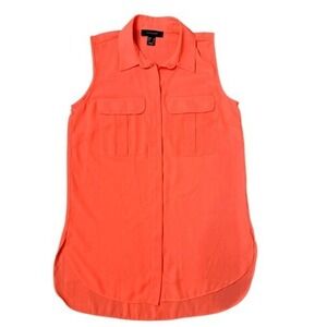 Atmosphere Neon Orange Chiffon Collared Blouse Flap‎ Pockets 4 Hyperpop Casual